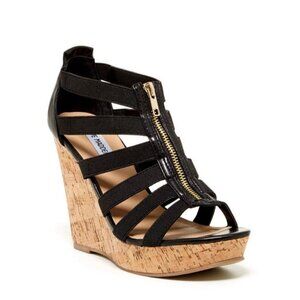 Steve Madden Eddyy Wedge Sandals Black Gold Zippers Cork Sole Sz 8M